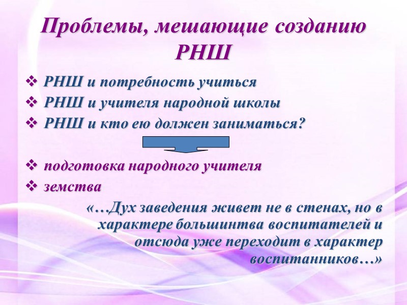 Проблемы, мешающие созданию РНШ  РНШ и потребность учиться  РНШ и учителя народной